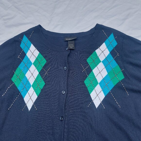 Lane Bryant Navy Blue Cardigan Sweater Size 18/20 3X Argyle Print Button Front - Picture 2 of 6